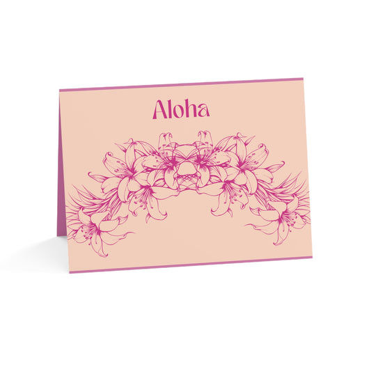 Aloha Floral Folded Greeting Cards Pink and Magenta — Set of 5 with Envelopes