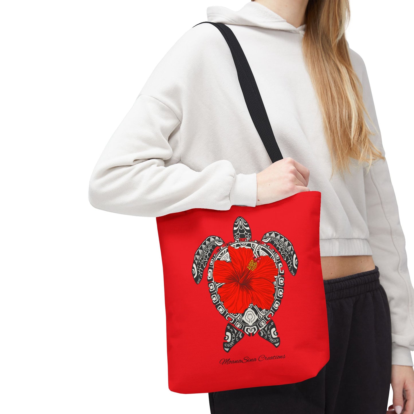 Sea Turtle (Lauemi/Honu) Polynesian Motif Hibiscus Tote Bag - Tatau MoanaSina