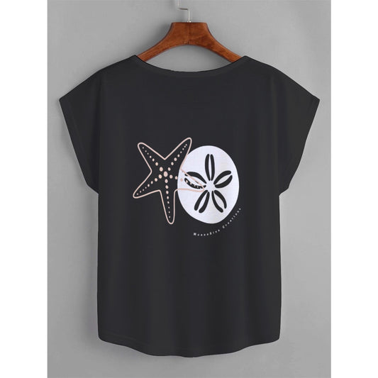 Women's Black Coastal Graphic Tee | Starfish & Sand Dollar Shirt | MoanaSina Creations™