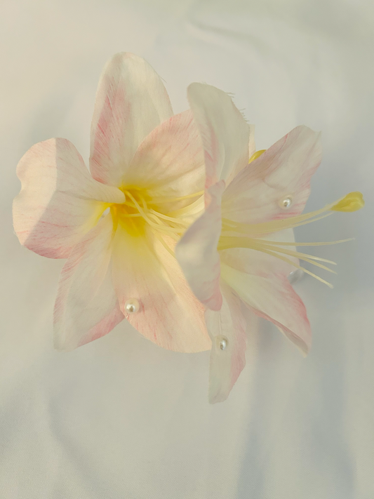 MoanaSina Creations Stationery and Gift Shop delicate pink and white fabric flower with pearl accents