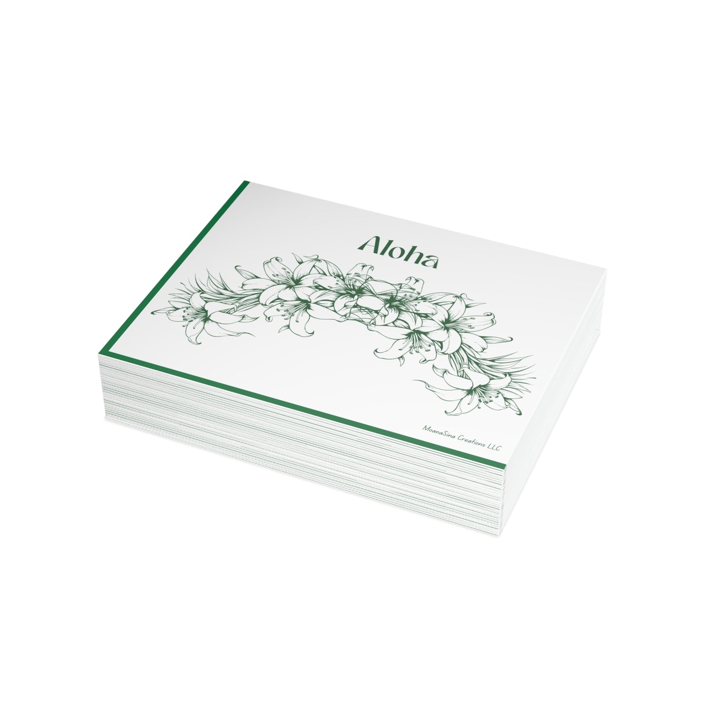 Aloha Floral Notecards – Two-sided Premium Hawaiian Greeting Cards - Green and White I set of 10