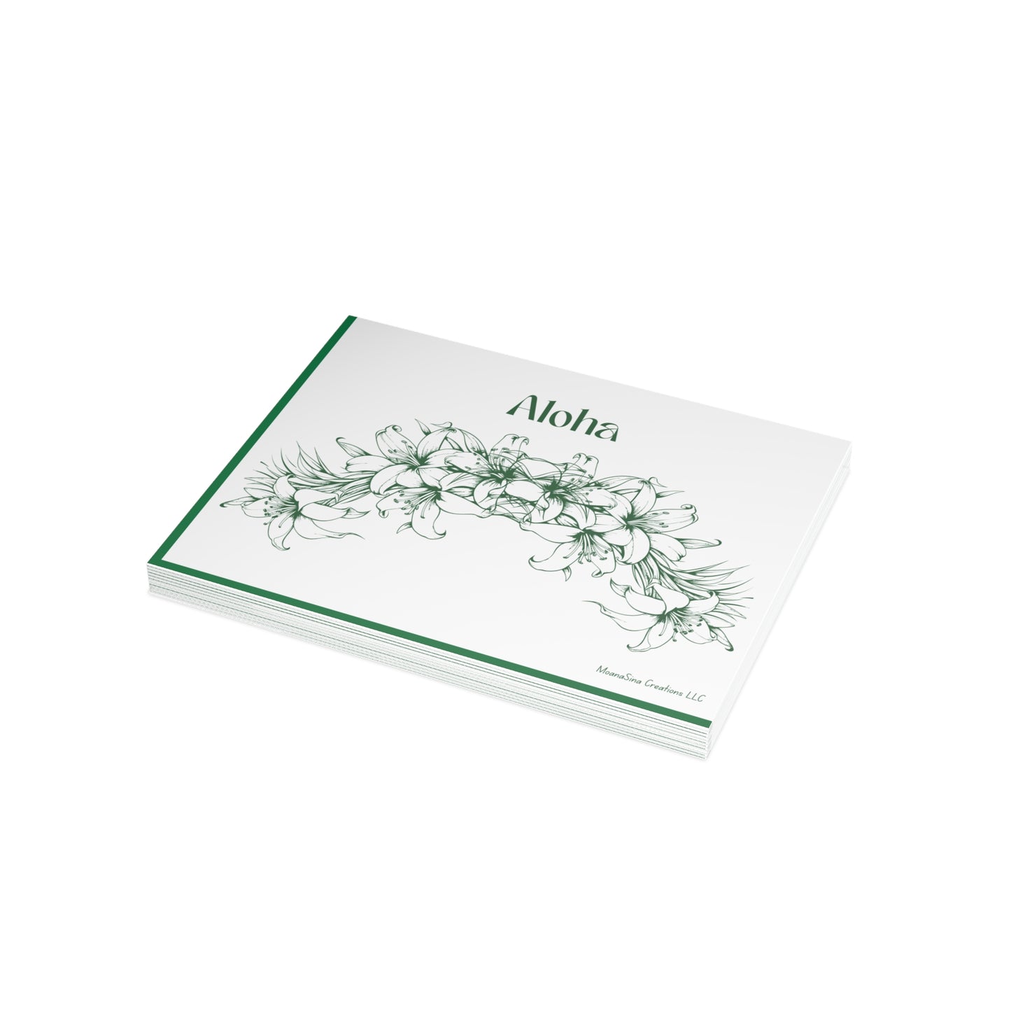 Aloha Floral Notecards – Two-sided Premium Hawaiian Greeting Cards - Green and White I set of 10