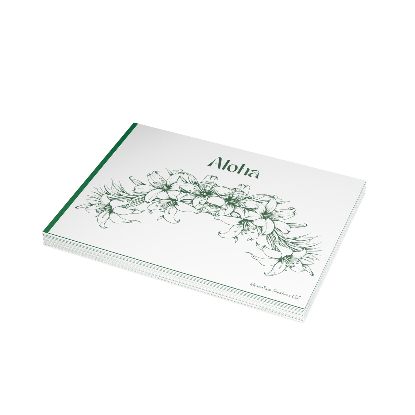 Aloha Floral Notecards – Two-sided Premium Hawaiian Greeting Cards - Green and White I set of 10
