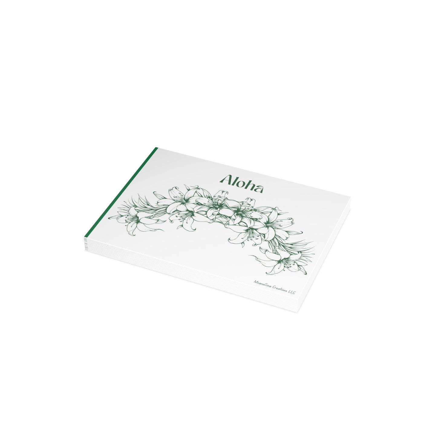 Aloha Floral Notecards – Two-sided Premium Hawaiian Greeting Cards - Green and White I set of 10