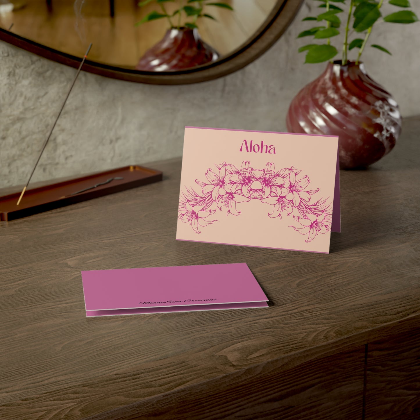 Aloha Floral Folded Greeting Cards Pink and Magenta — Set of 5 with Envelopes
