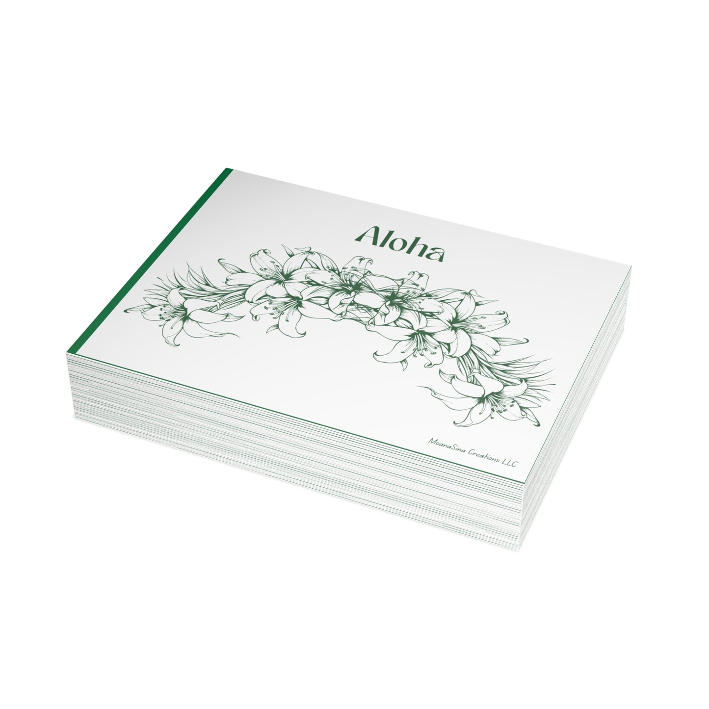Aloha Floral Notecards – Two-sided Premium Hawaiian Greeting Cards - Green and White I set of 10