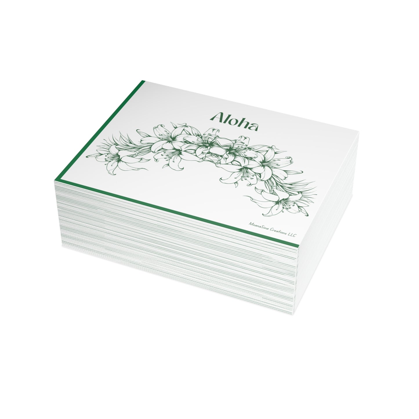 Aloha Floral Notecards – Two-sided Premium Hawaiian Greeting Cards - Green and White I set of 10