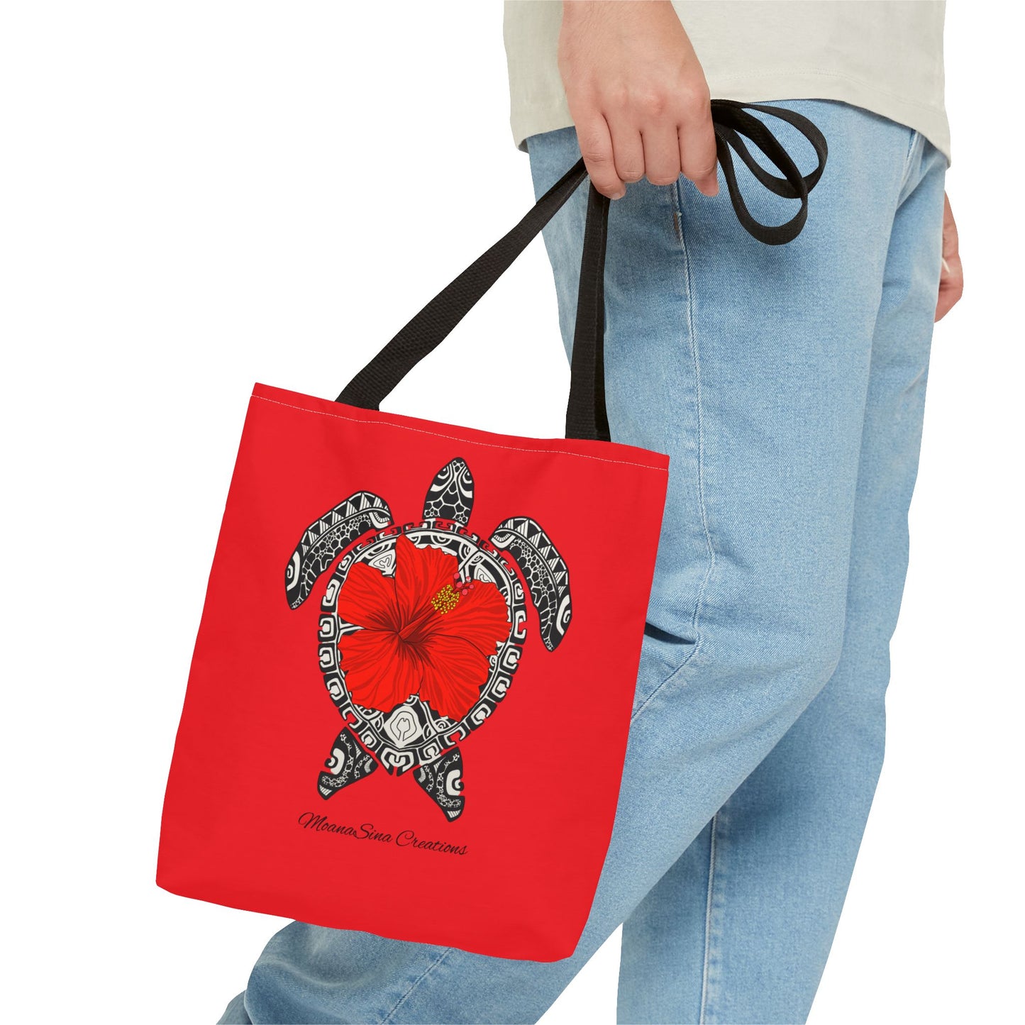 Sea Turtle (Lauemi/Honu) Polynesian Motif Hibiscus Tote Bag - Tatau MoanaSina