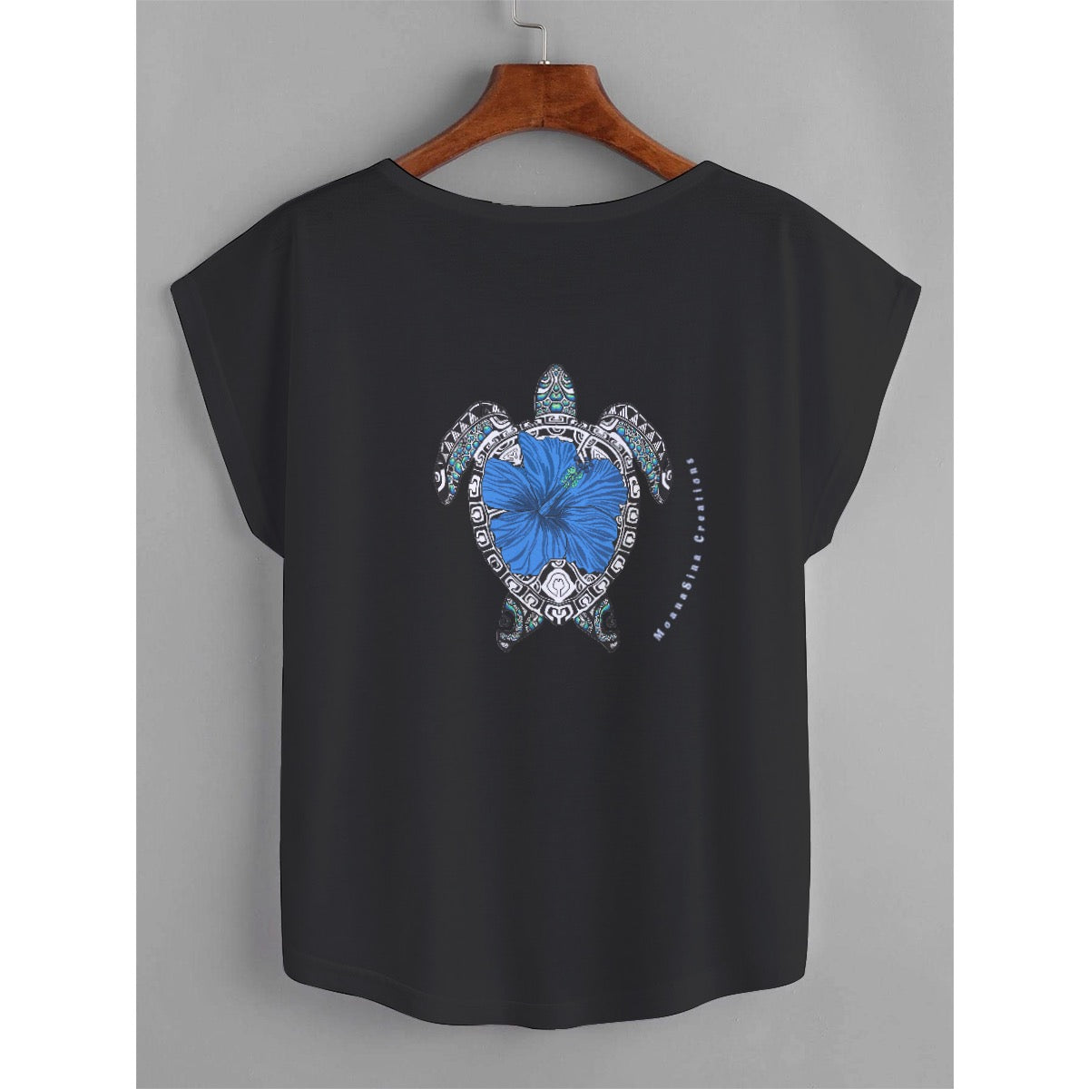 Sea Turtle Curved Women's Tee - Polynesian Inspired Honu Laumei Two-sided design (Black)