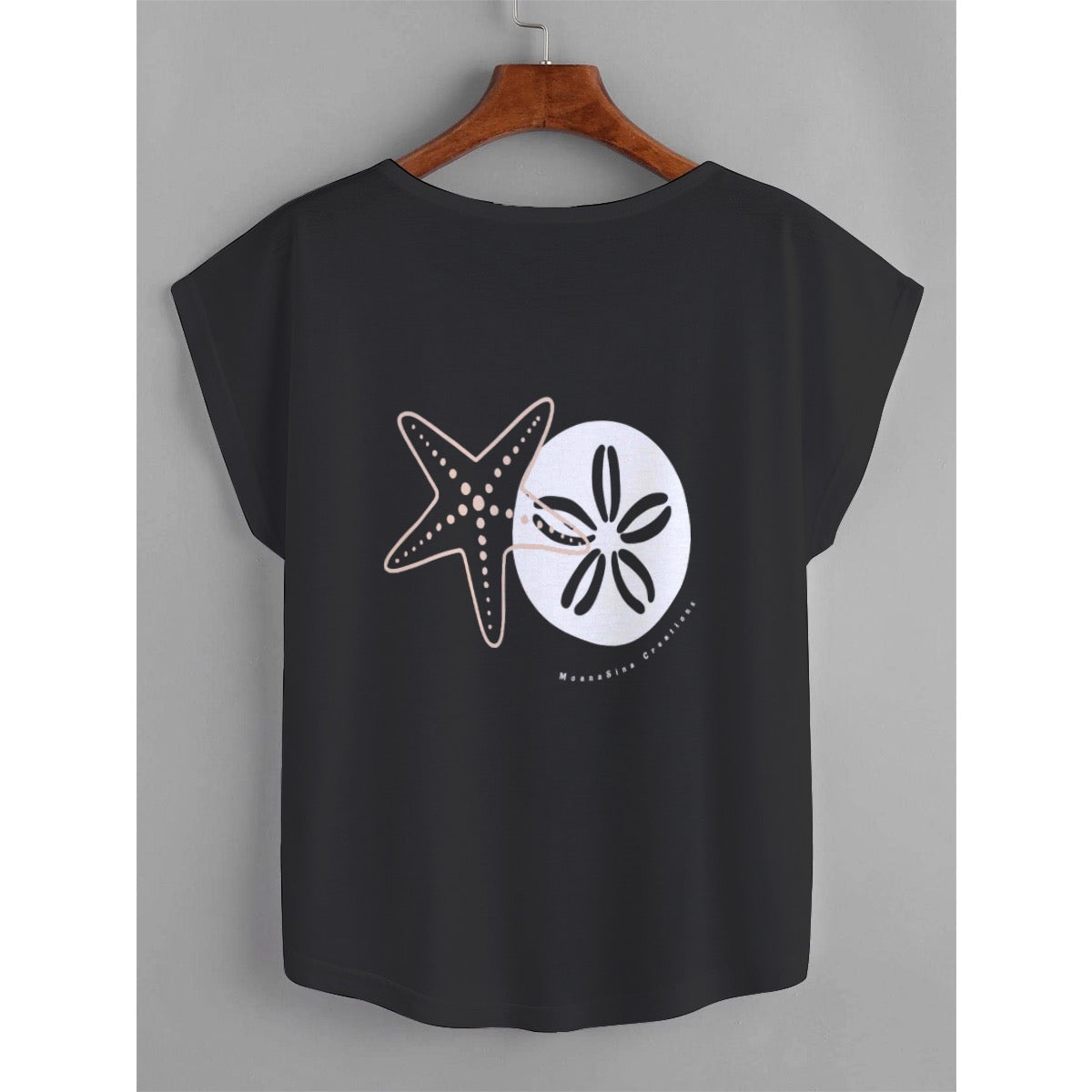 Women's Black Coastal Graphic Tee | Starfish & Sand Dollar Shirt | MoanaSina Creations™