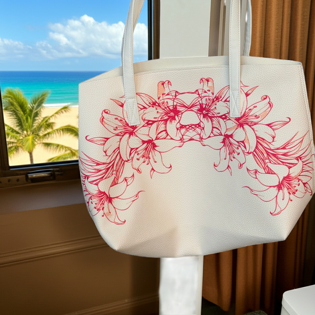 Polynesian Floral Lily Tote Bag – Premium PU Leather Shoulder Bag | Large Capacity Everyday Luxury Tote | MoanaSina Creations