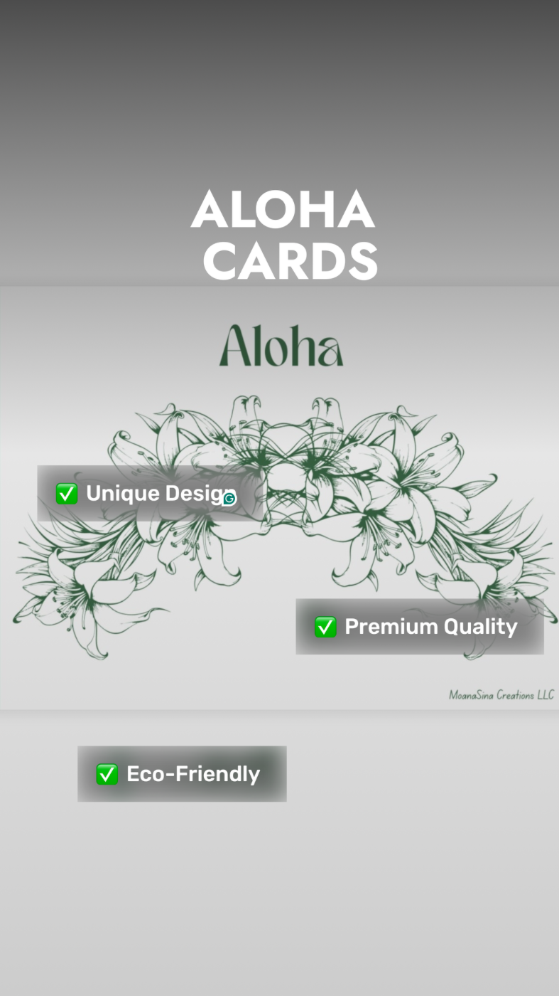 Aloha Floral Notecards – Two-sided Premium Hawaiian Greeting Cards - Green and White I set of 10