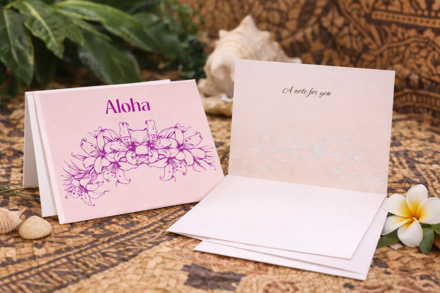 Aloha Folded Greeting Cards – Apricot and Magenta Set of 5 with Envelopes