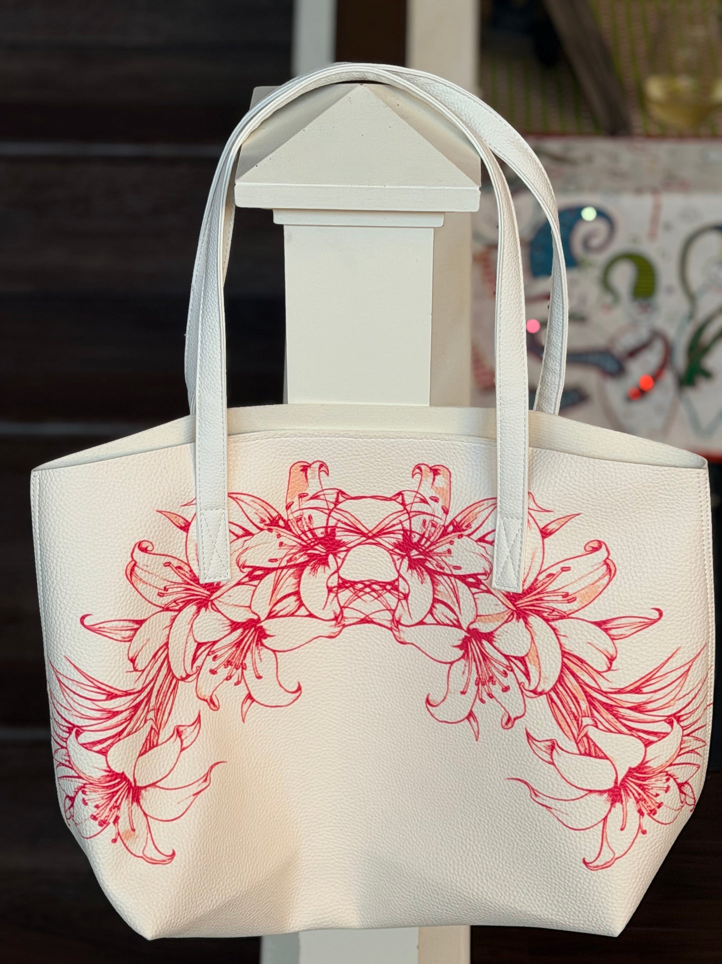 Polynesian Floral Lily Tote Bag – Premium PU Leather Shoulder Bag | Large Capacity Everyday Luxury Tote | MoanaSina Creations