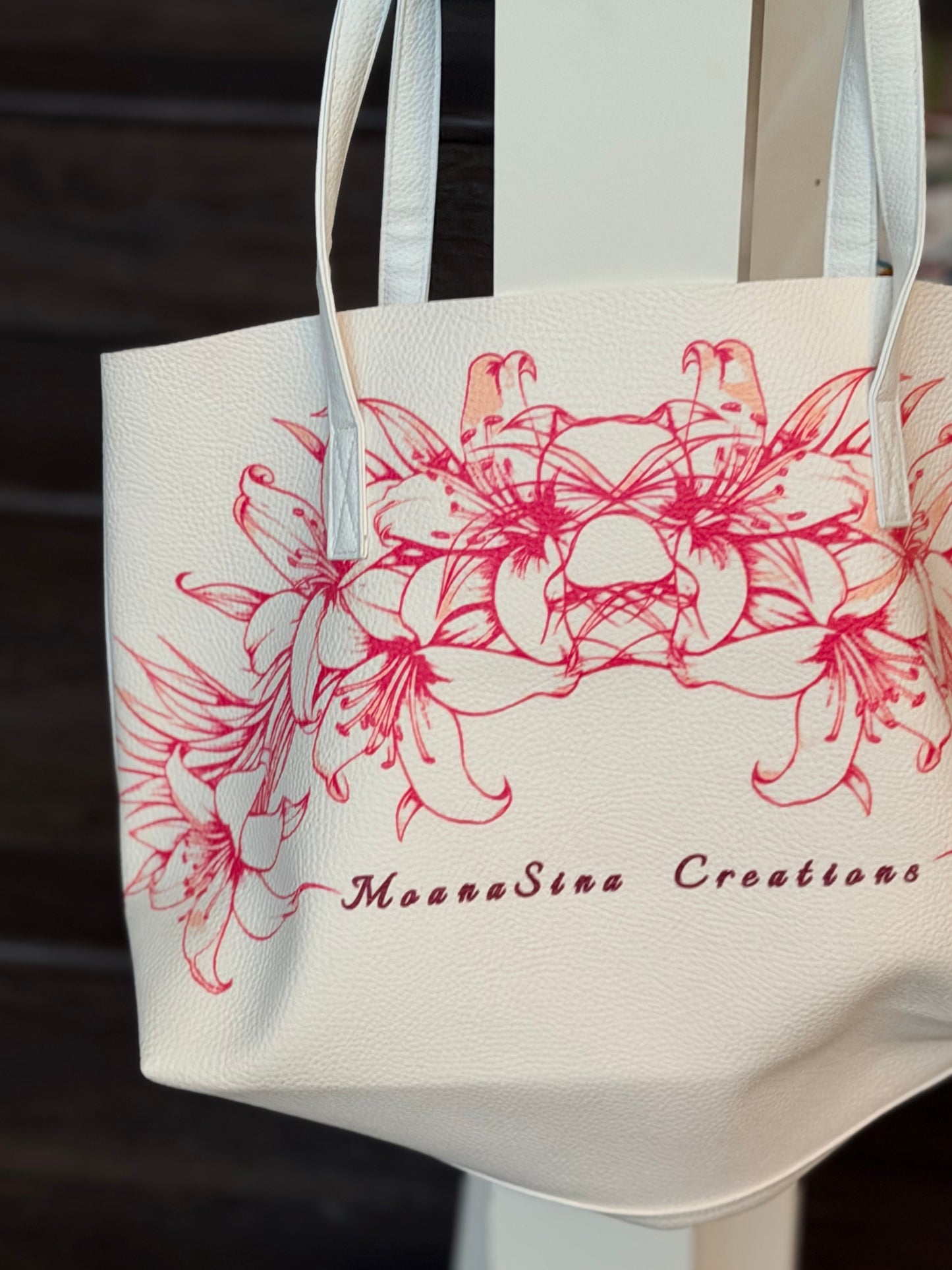 Polynesian Floral Lily Tote Bag – Premium PU Leather Shoulder Bag | Large Capacity Everyday Luxury Tote | MoanaSina Creations