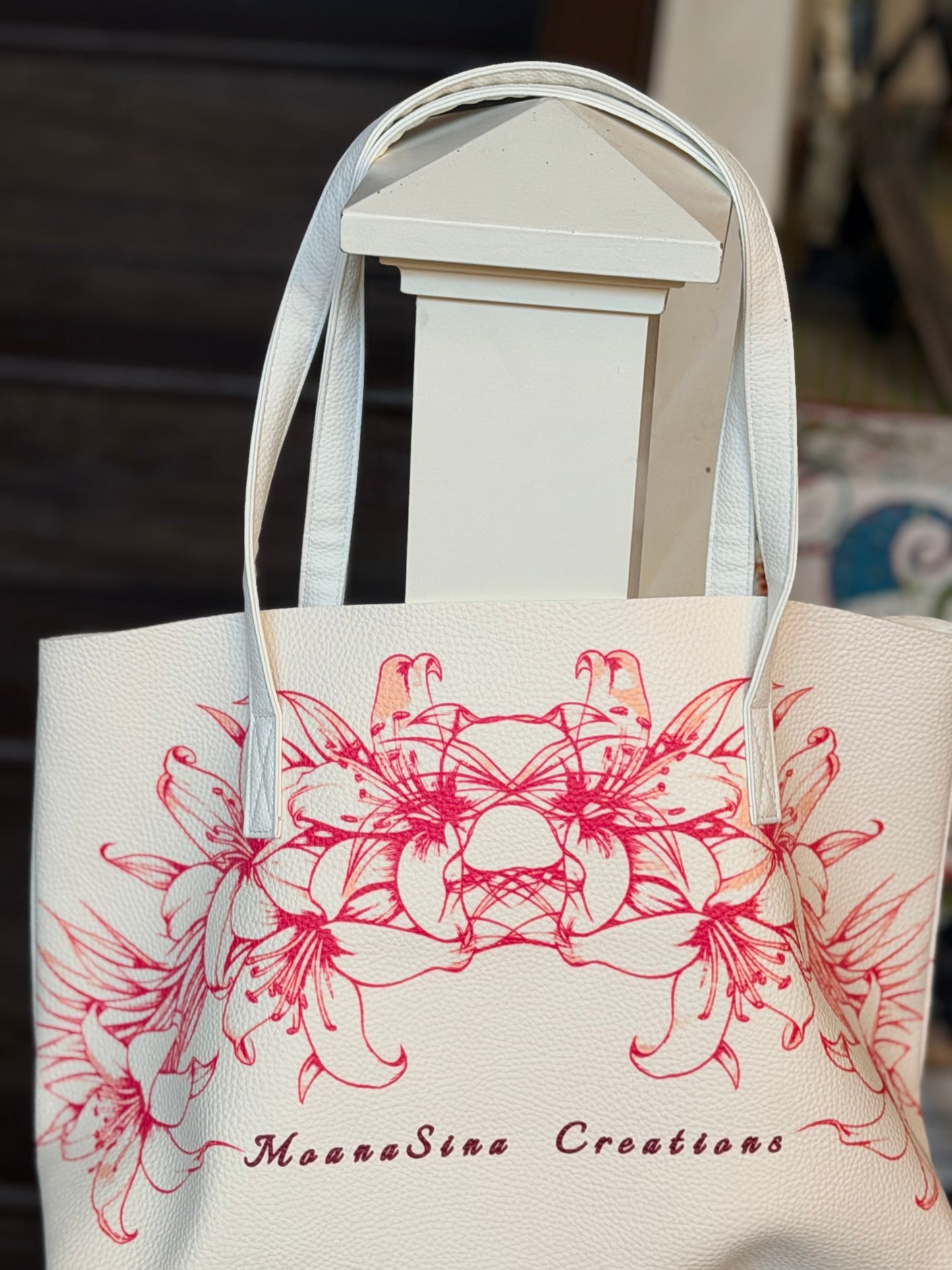 Polynesian Floral Lily Tote Bag – Premium PU Leather Shoulder Bag | Large Capacity Everyday Luxury Tote | MoanaSina Creations
