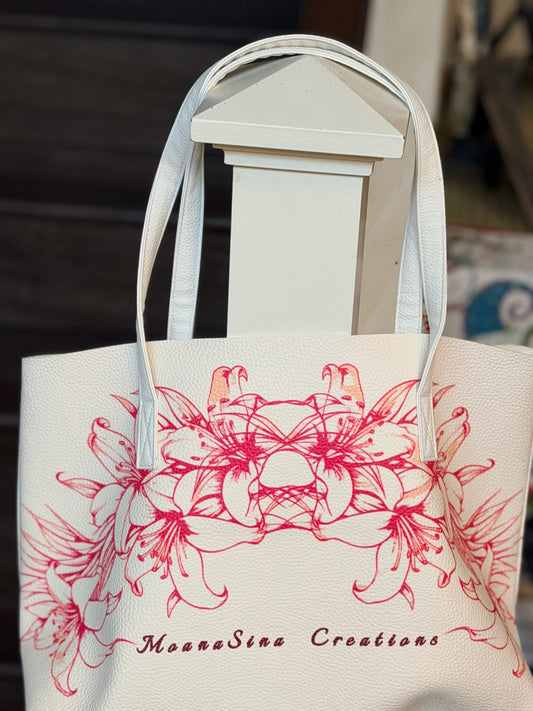 Polynesian Floral Lily Tote Bag – Premium PU Leather Shoulder Bag | Large Capacity Everyday Luxury Tote | MoanaSina Creations