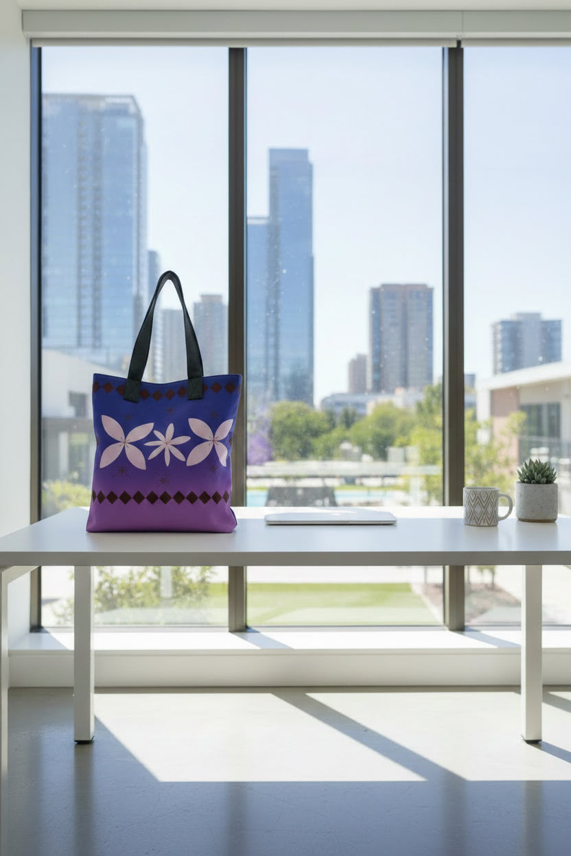 Sina Heritage Tote Bag | Polynesian Siapo-Inspired Purple Canvas Tote with Faux Leather Straps | Original MoanaSina Creations Design
