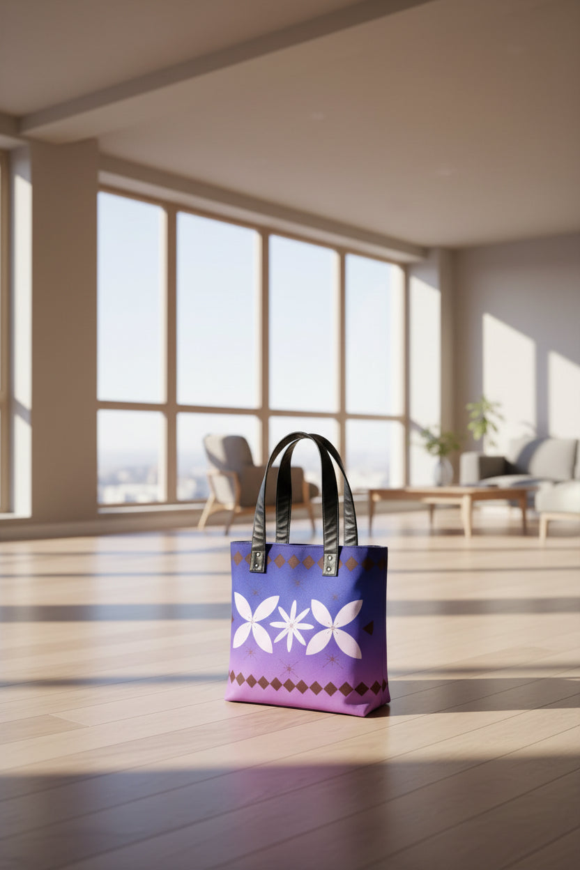 Sina Heritage Tote Bag | Polynesian Siapo-Inspired Purple Canvas Tote with Faux Leather Straps | Original MoanaSina Creations Design