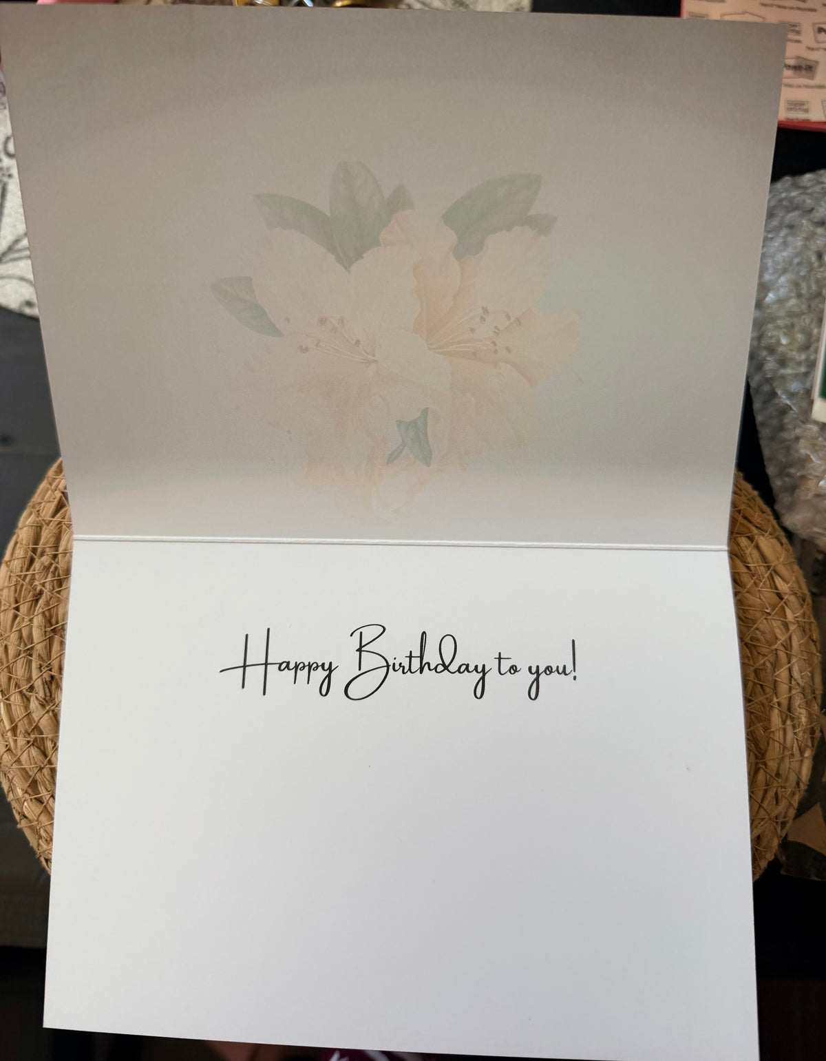 Happy Birthday folded greeting card with blue plumeria design