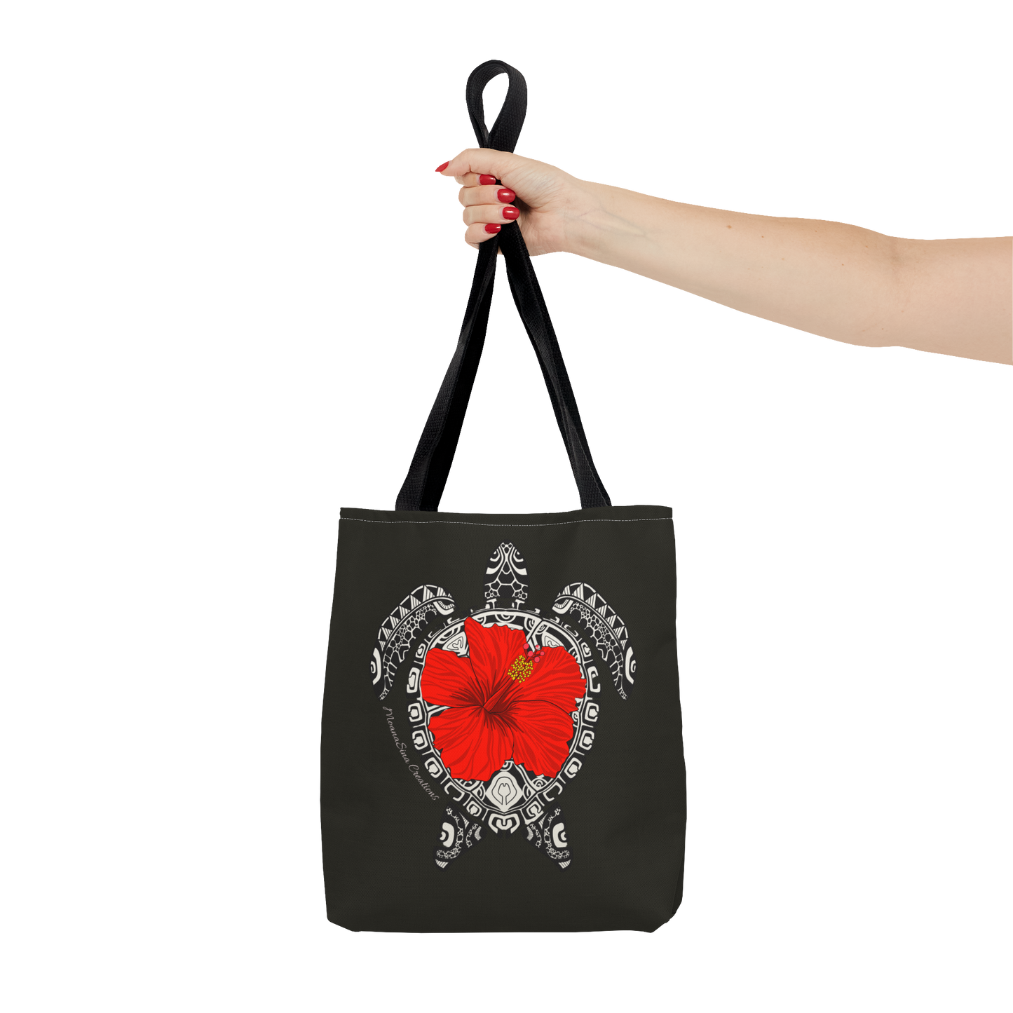 Sea Turtle (Lauemi/Honu) Polynesian Motif Hibiscus Tote Bag - Tatau MoanaSina