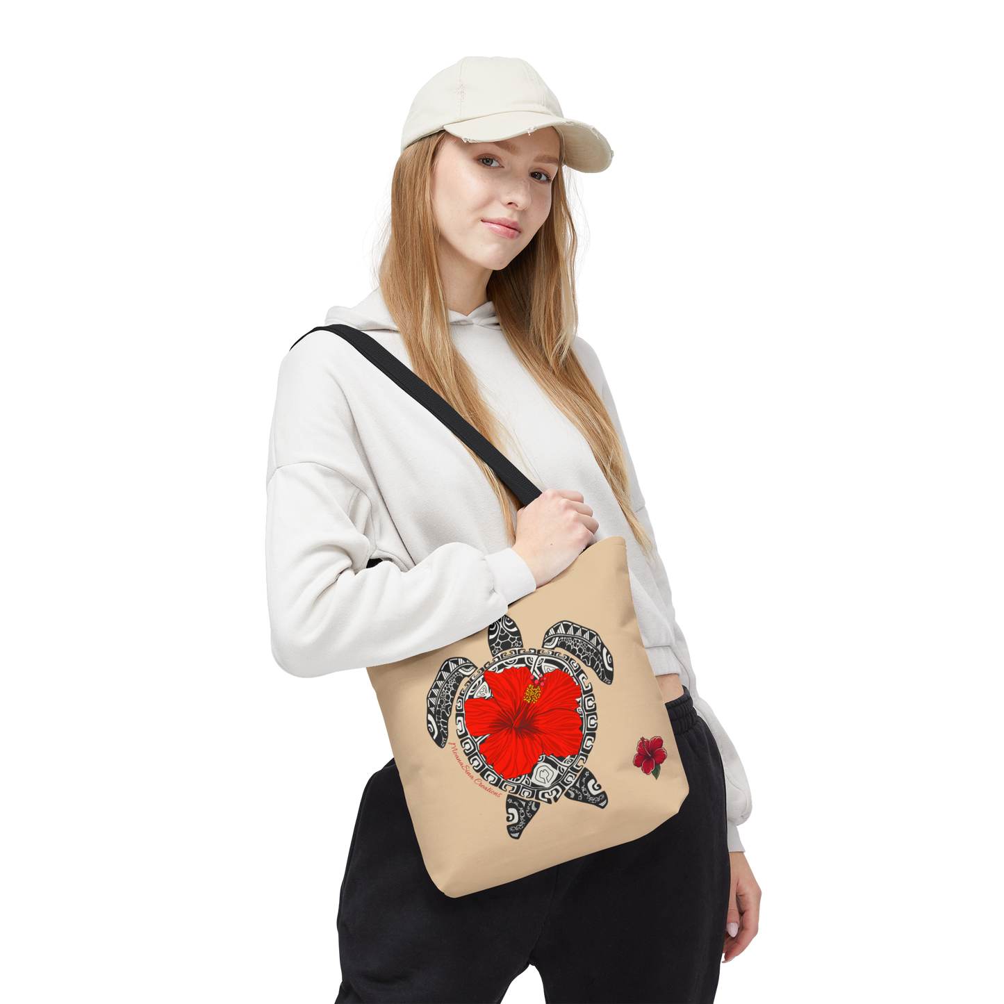 Sea Turtle (Lauemi/Honu) Polynesian Motif Hibiscus Tote Bag - Tatau MoanaSina