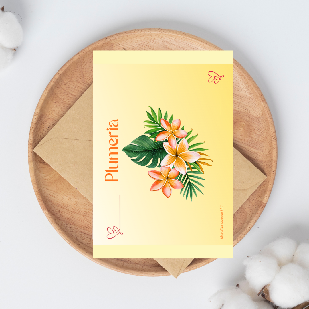 🌺 MoanaSina Creations | Plumeria Two-Sided Notecard Set – Yellow Pacific Island Design (Set of 10)