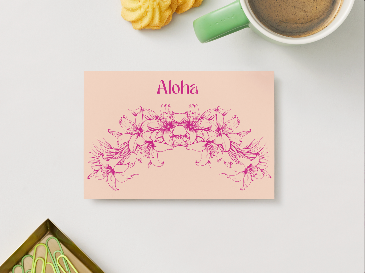 Aloha Folded Greeting Cards – Apricot and Magenta Set of 5 with Envelopes
