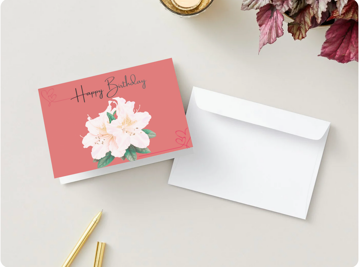 Happy Birthday folded greeting card with pink floral design