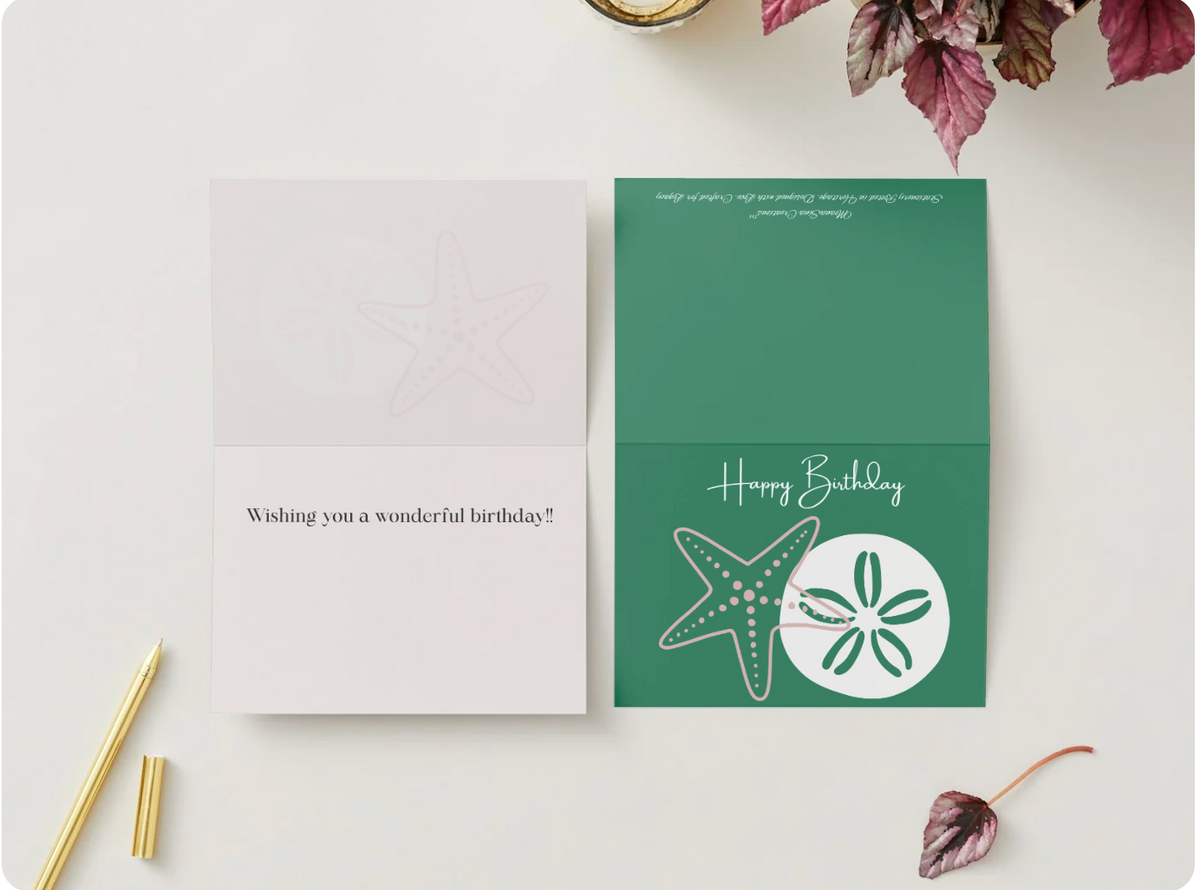 Happy Birthday folded greeting card with starfish and sand dollar design