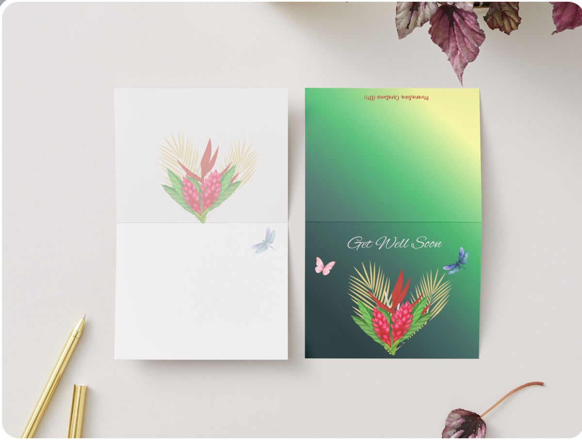 Inside of Get Well Soon folded greeting card with floral artwork and message space