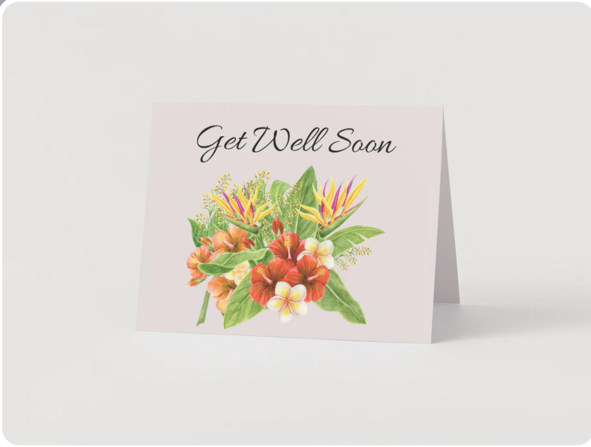 Get Well Soon folded greeting card with tropical floral design