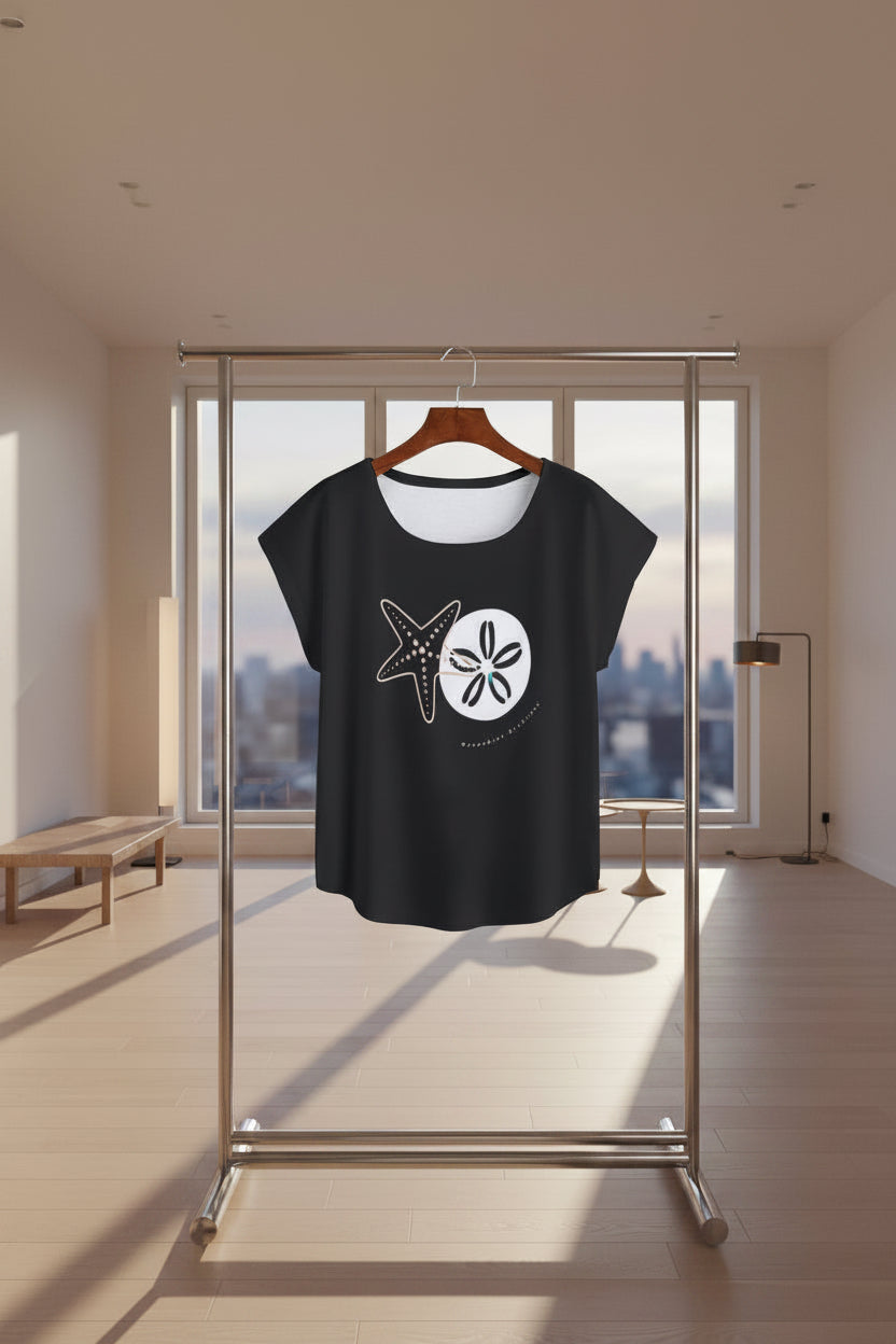 Women's Black Coastal Graphic Tee | Starfish & Sand Dollar Shirt | MoanaSina Creations™