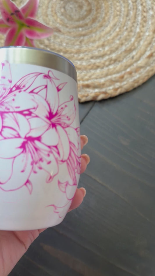 Custom Pink Lily 12oz Insulated Tumbler – Personalized Floral Stemless Wine Cup